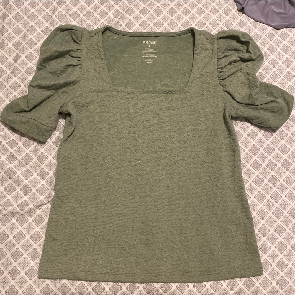 Nine West Ruched Sleeve Square Neck Top, Green, Size Small